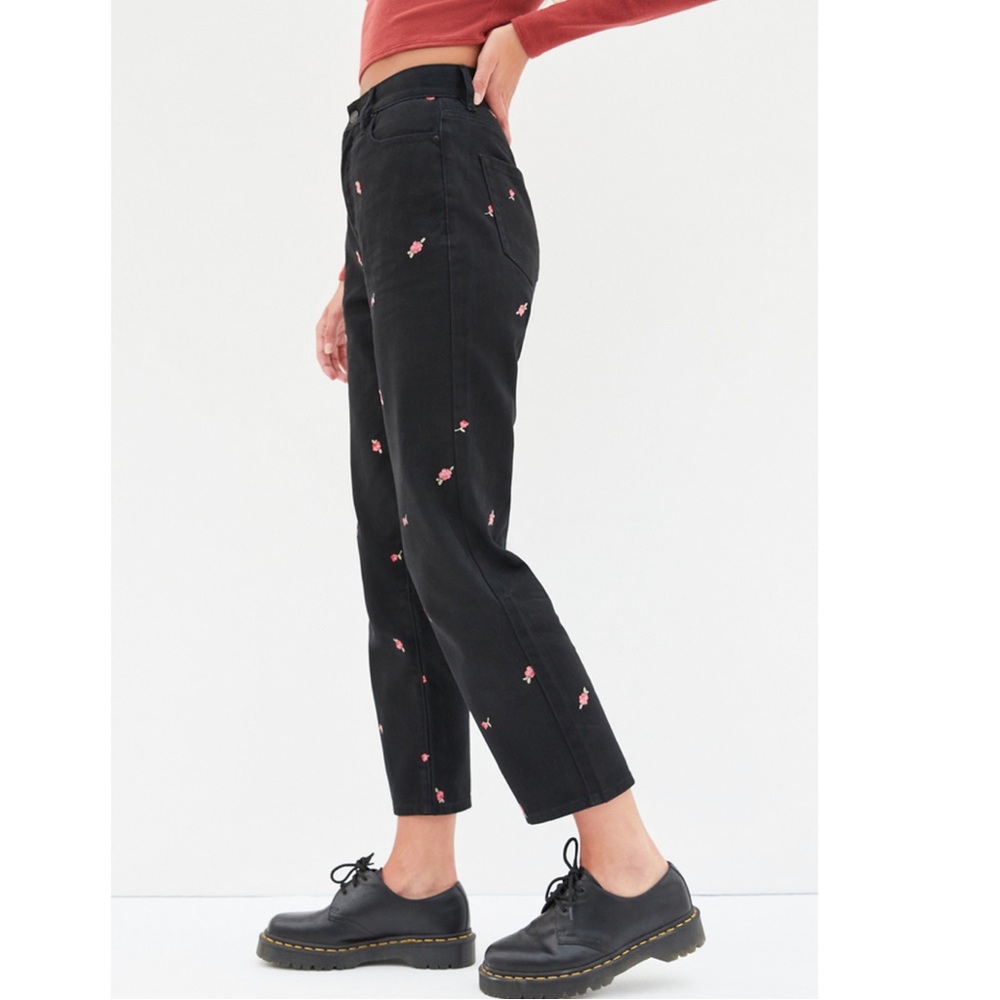 PacSun Rose Embroidered Black High Waisted Straight Leg Jeans - Picture 2 of 9